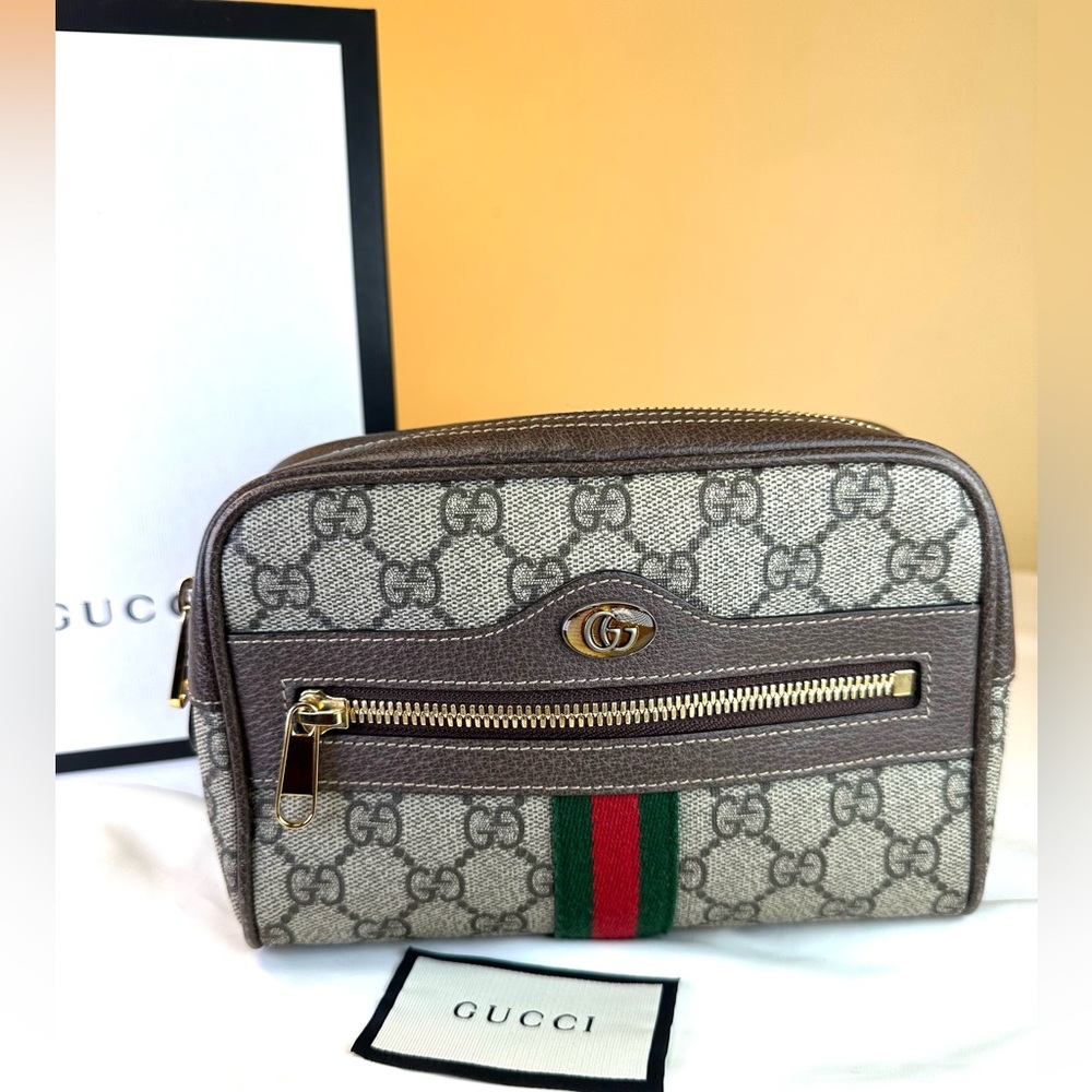Gucci GG Supreme Monogram Ophidia Belt Bag & Leather Sz 85/34 Italy box dustbag